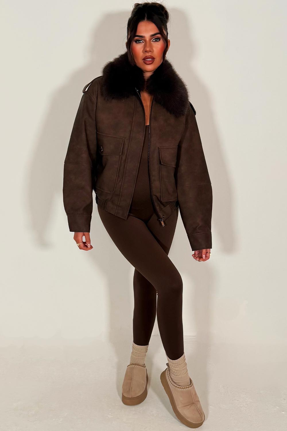 Faux Suede Faux Fur Collar Jacket Brown