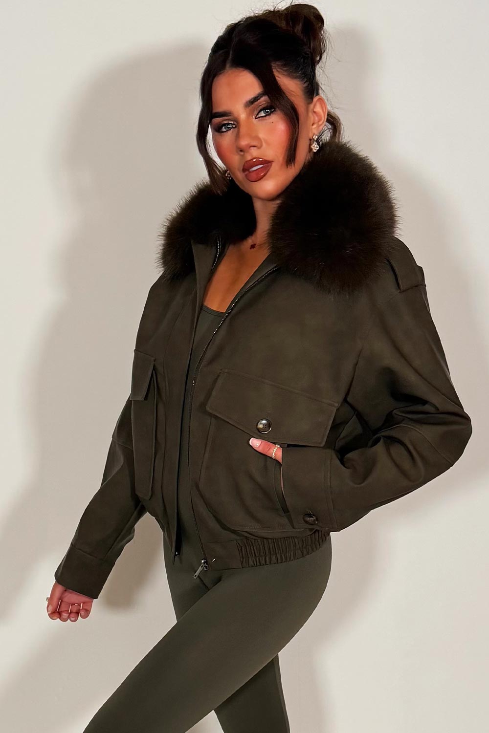 Faux Suede Faux Fur Collar Jacket Khaki