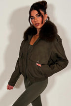 Faux Suede Faux Fur Collar Jacket Khaki