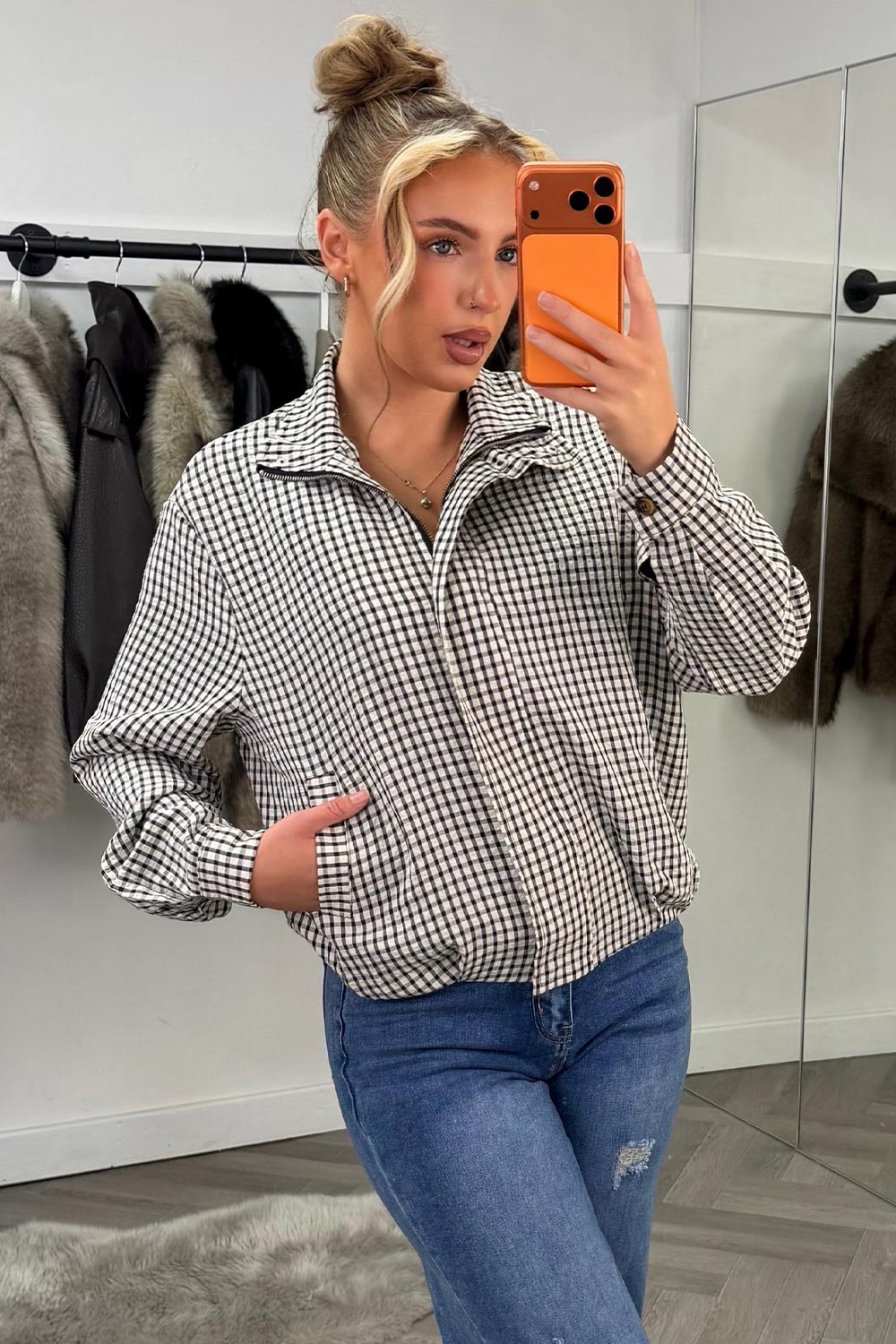 Oversized Check Print Jacket Long Sleeves