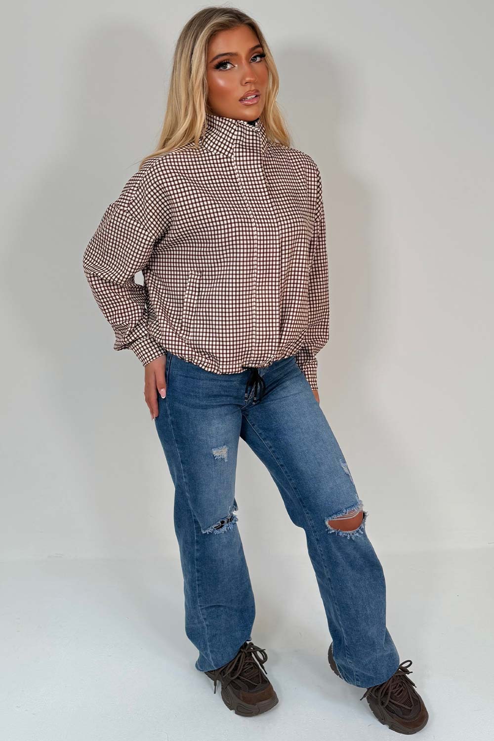 Brown Checked Jacket With Drawstring Hem
