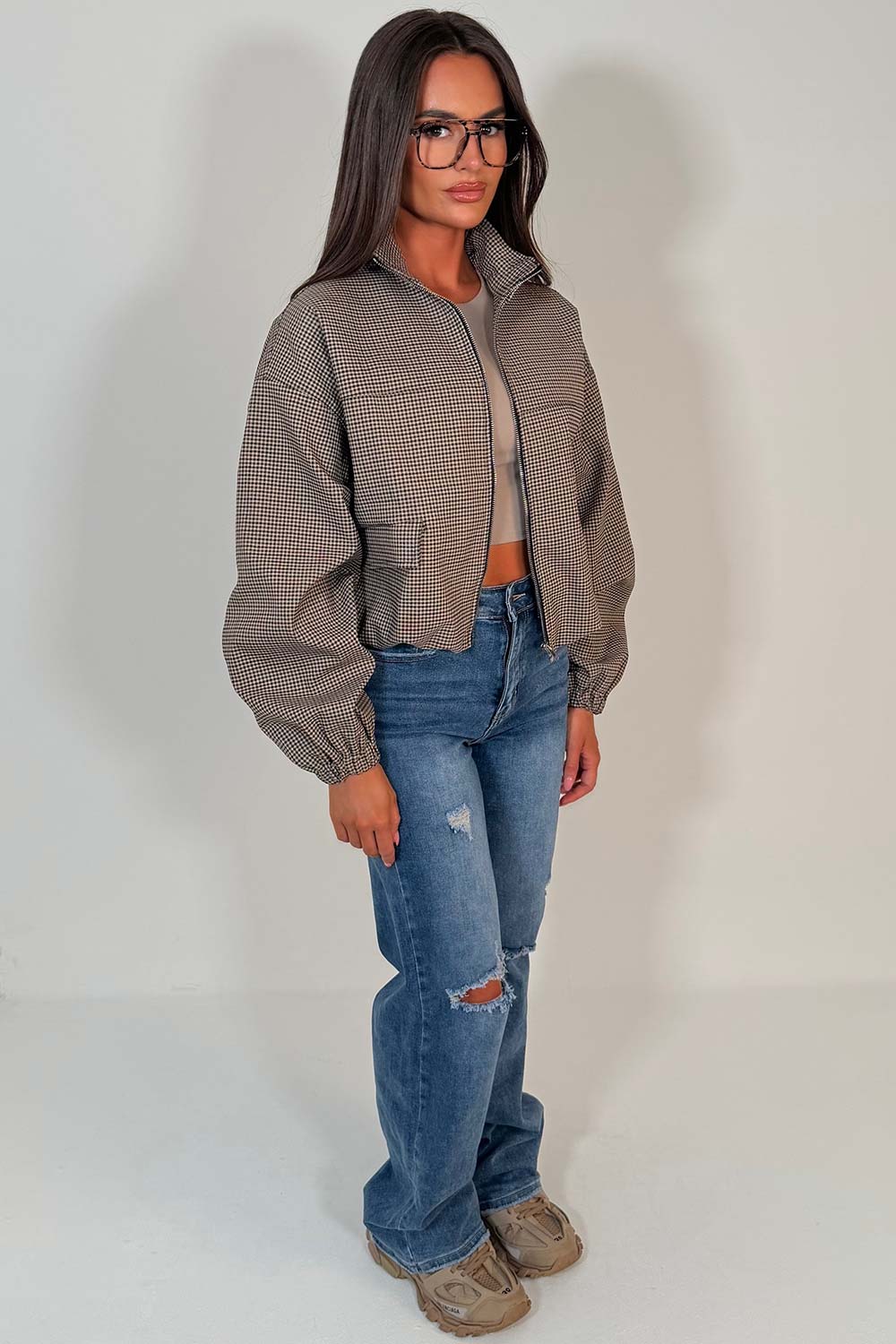 Checkered Bomber jacket With Collar Beige