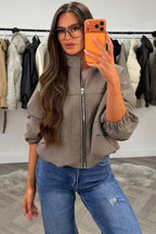 Checkered Bomber jacket With Collar Beige