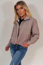 Brown Checked Jacket With Drawstring Hem