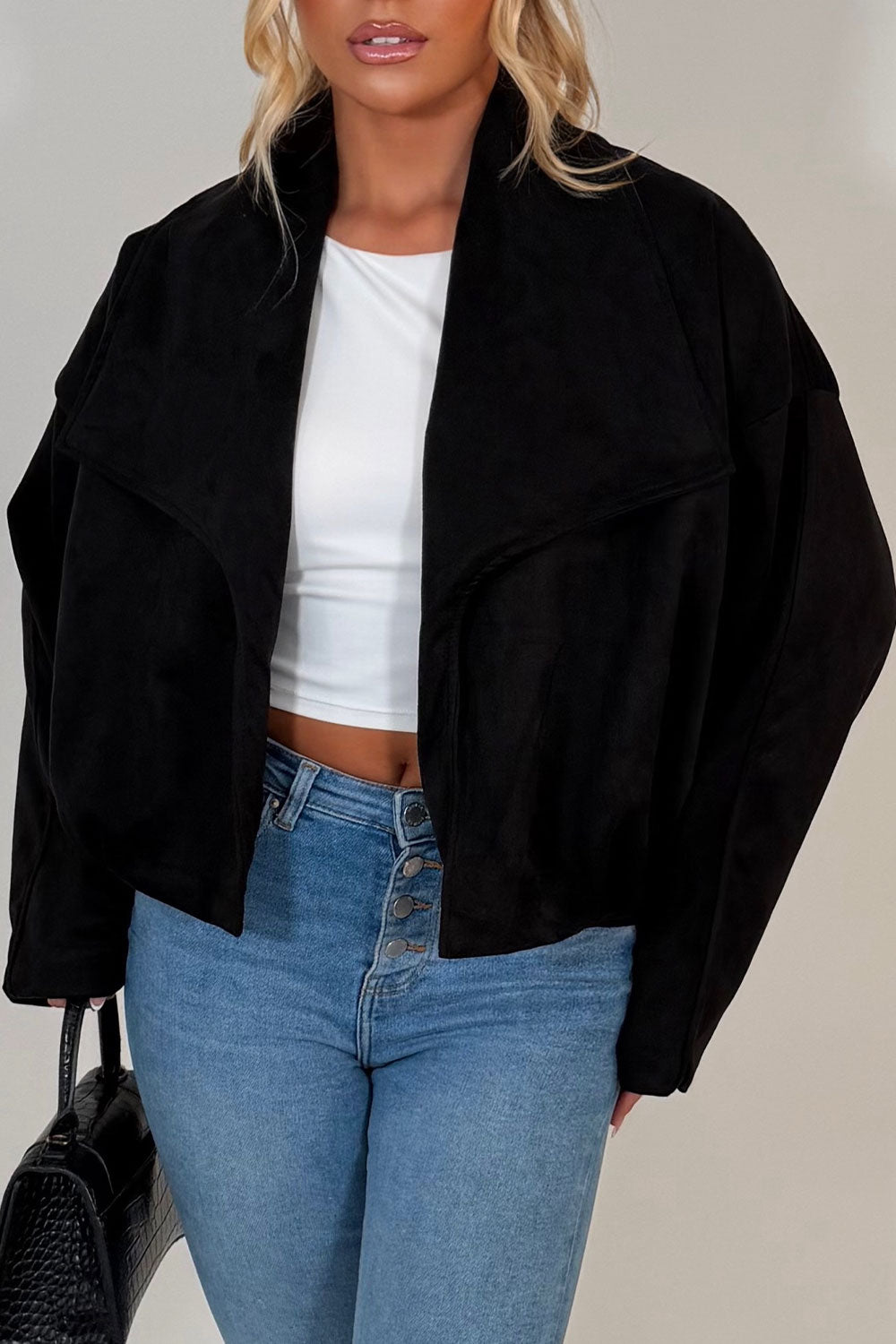 Faux Suede Jacket With Open Front Black