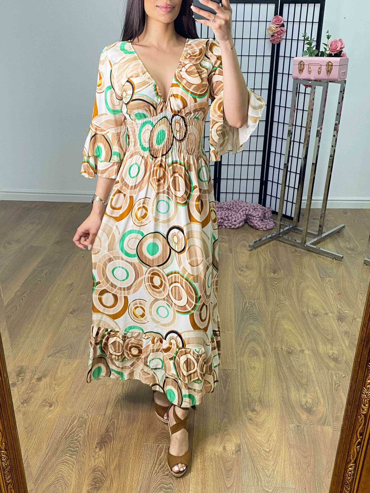 Brava Swirl Print Ruffle Hem Maxi Dress