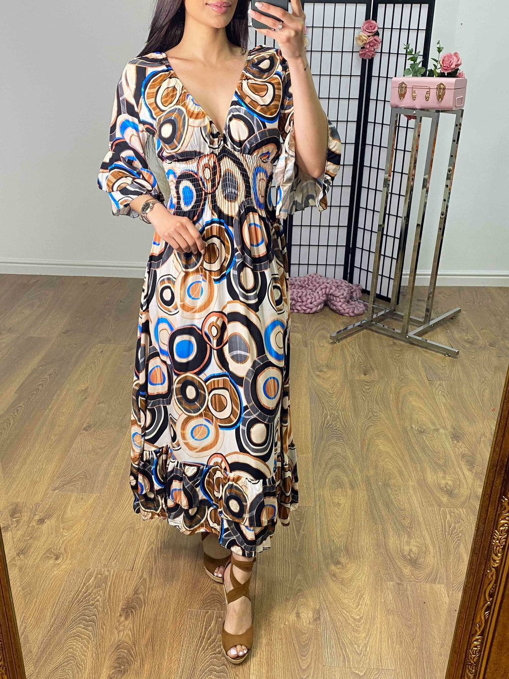 Brava Swirl Print Ruffle Hem Maxi Dress