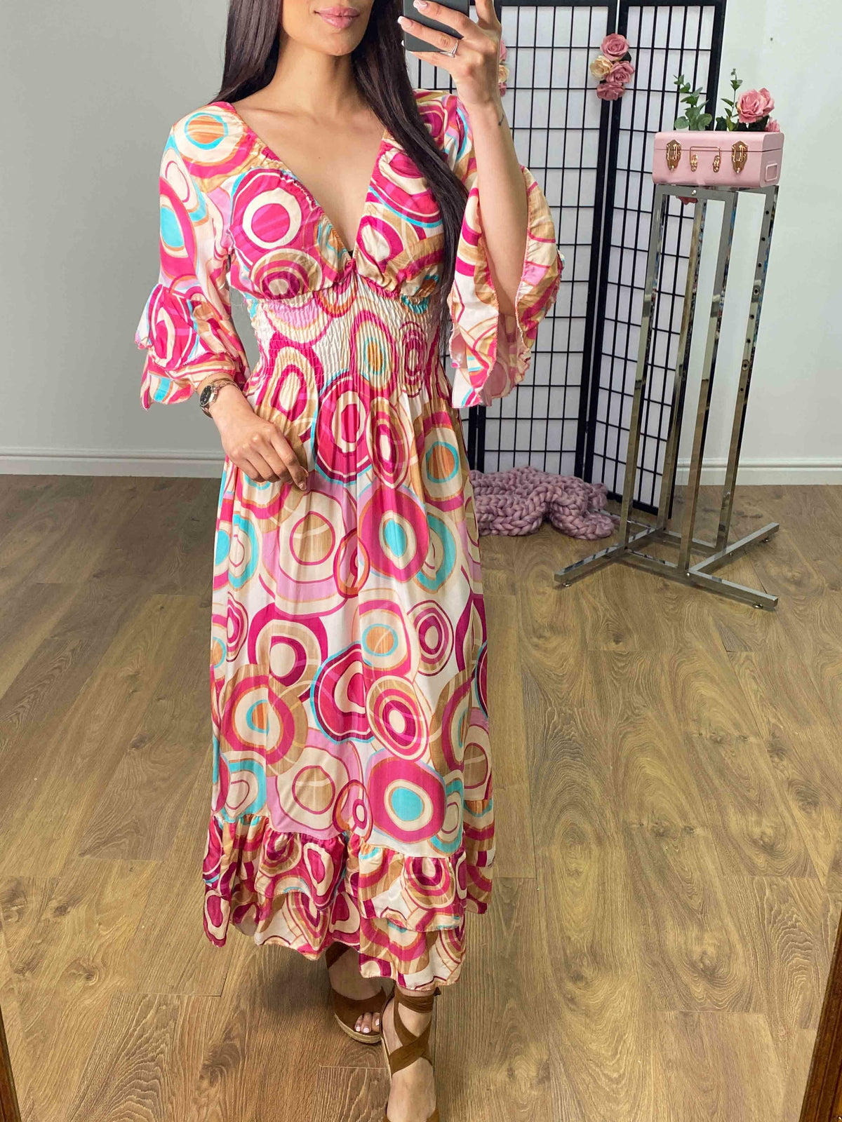 Brava Swirl Print Ruffle Hem Maxi Dress