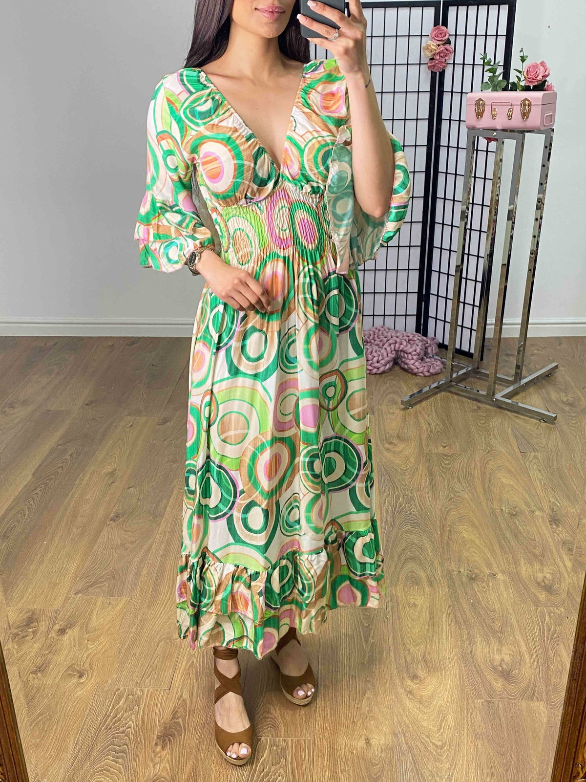 Brava Swirl Print Ruffle Hem Maxi Dress