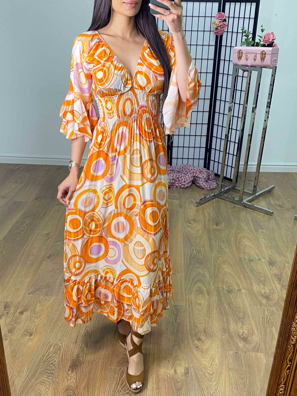 Brava Swirl Print Ruffle Hem Maxi Dress