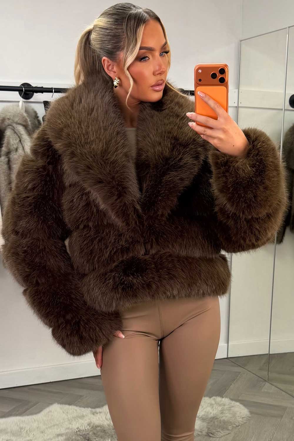 Faux Fur Coat With Collar Brown