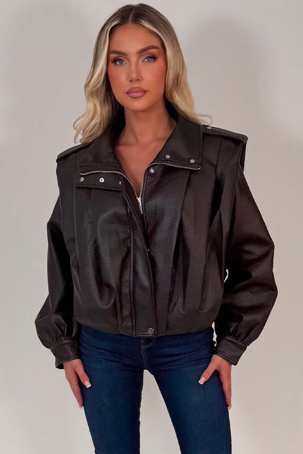 Brown Faux Leather Funnel Neck Bomber Jacket