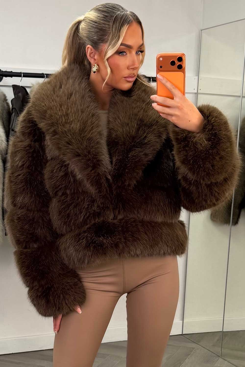 Faux Fur Coat With Collar Brown