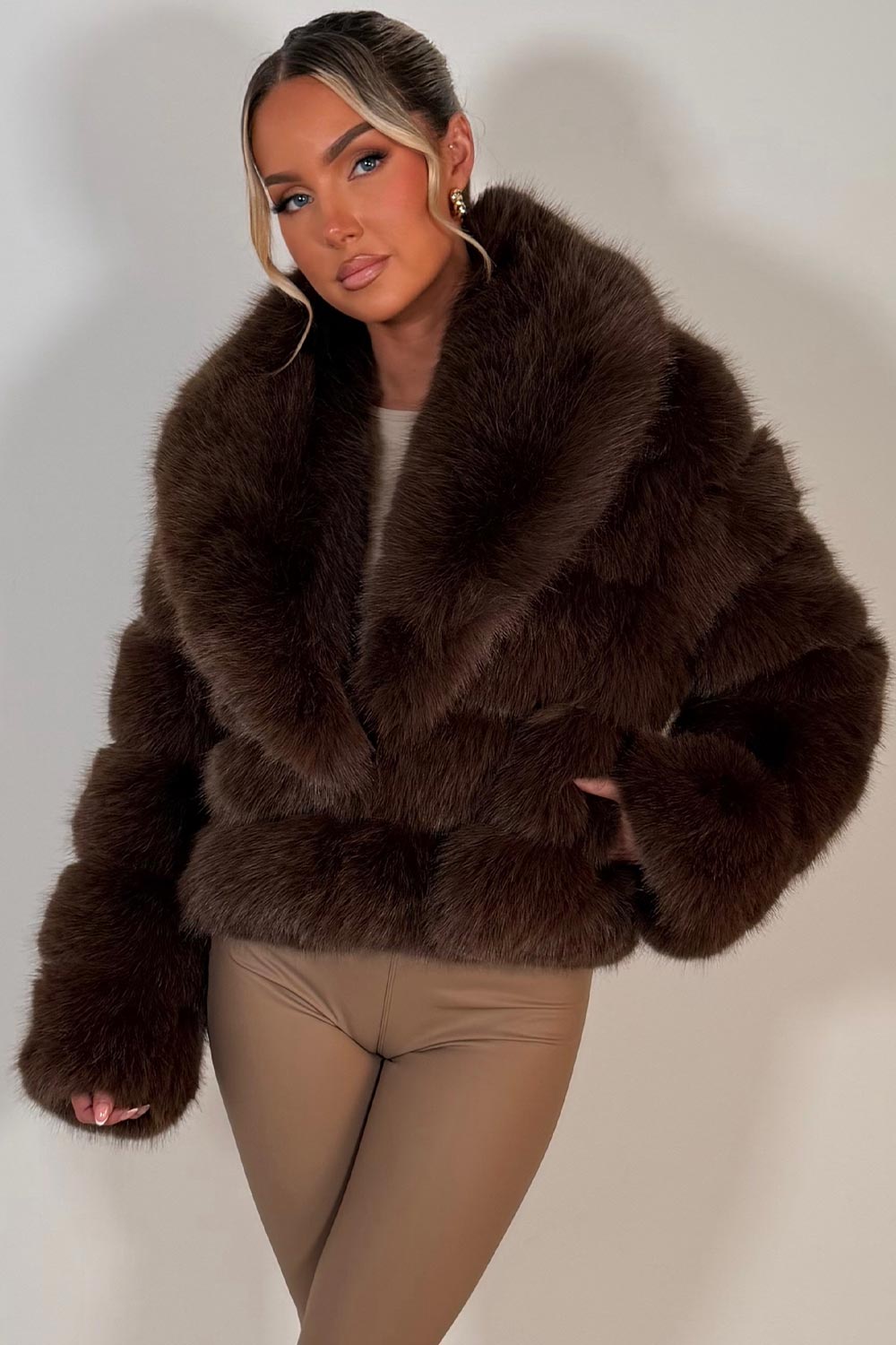Faux Fur Coat With Collar Brown