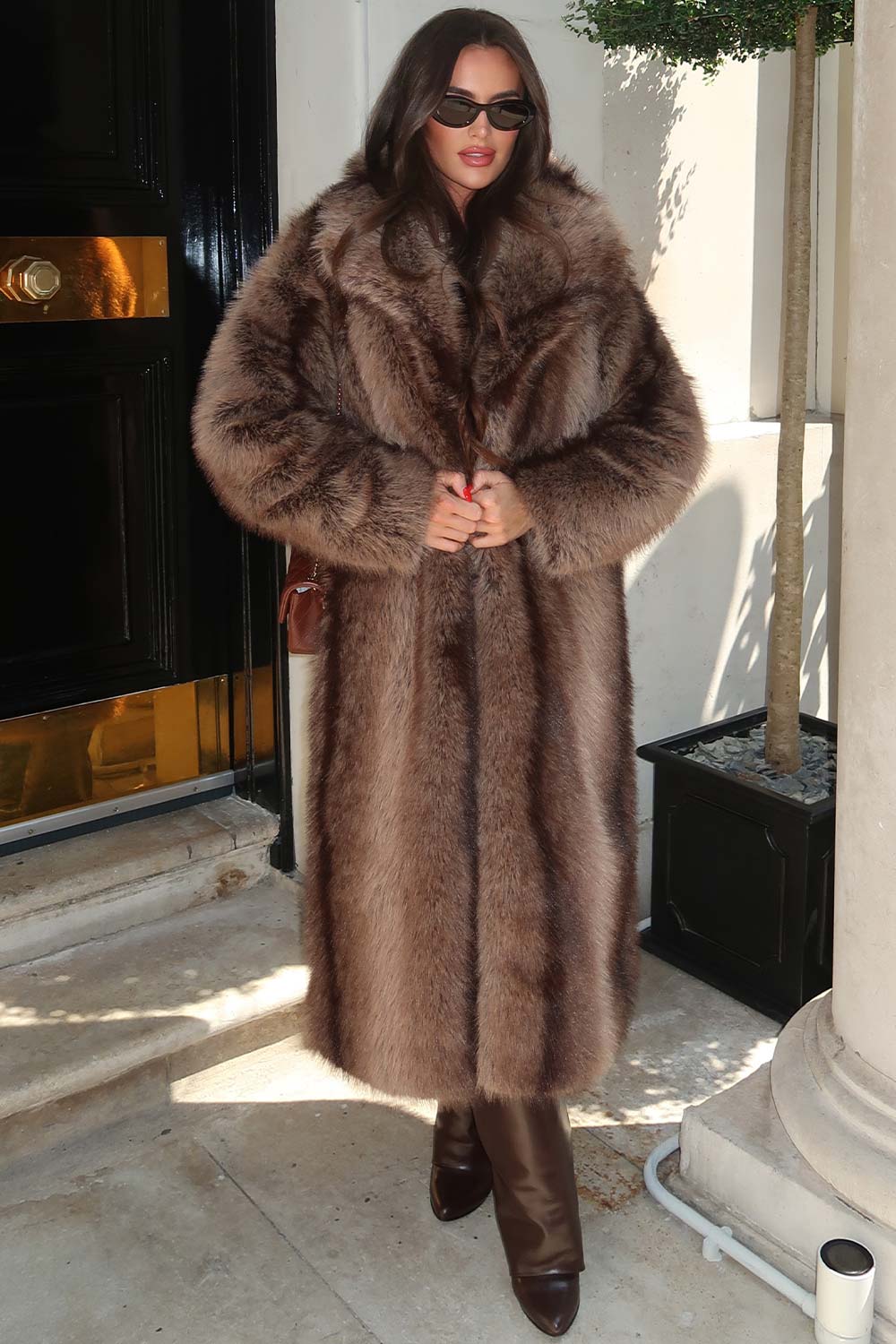 Long Faux Fur Coat With Collar Brown