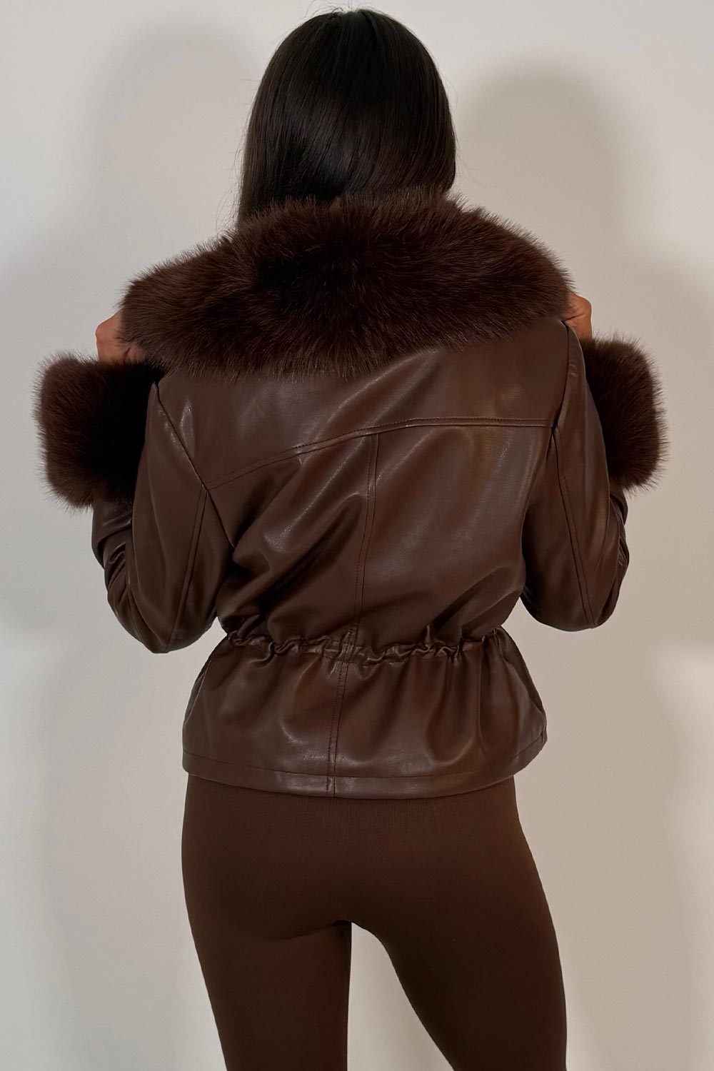 Brown Faux Leather Jacket With Faux Fur Collar Cuff & Adjustable Waist