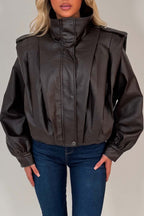 Brown Faux Leather Funnel Neck Bomber Jacket