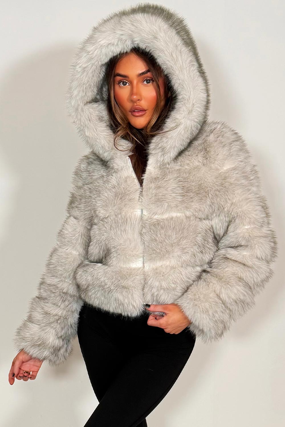 Grey Faux Fur Jacket With Hood