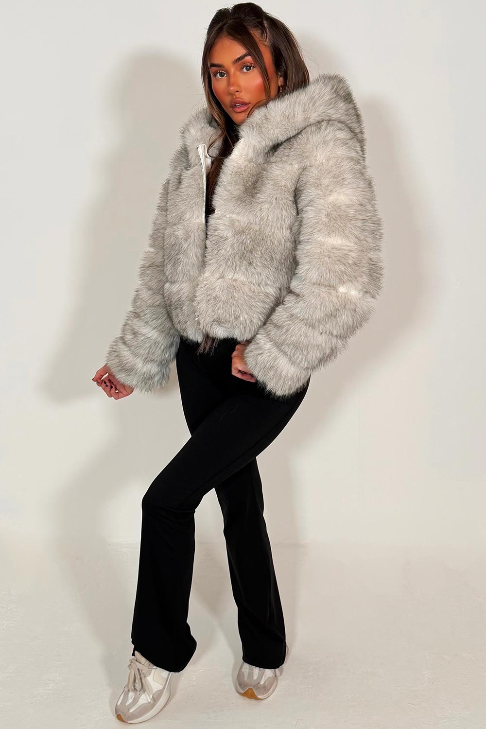 Grey Faux Fur Jacket With Hood