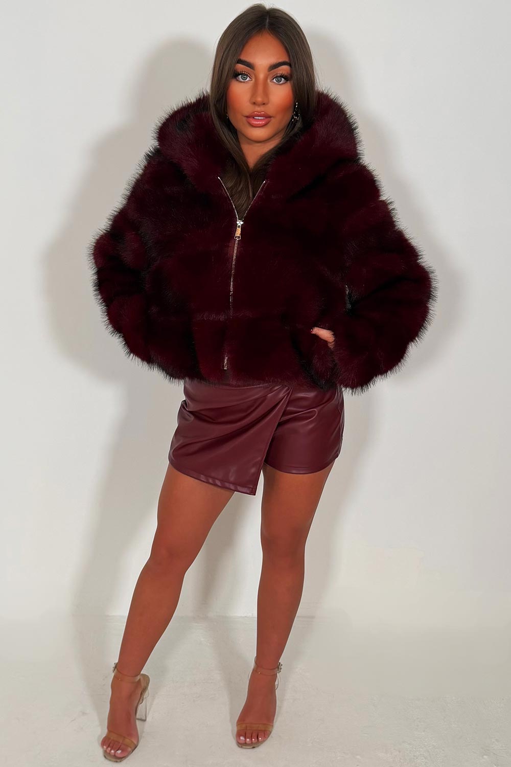 Burgundy Faux Fur Jacket With Hood