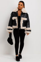 Faux Fur Trim Faux Leather Jacket Black