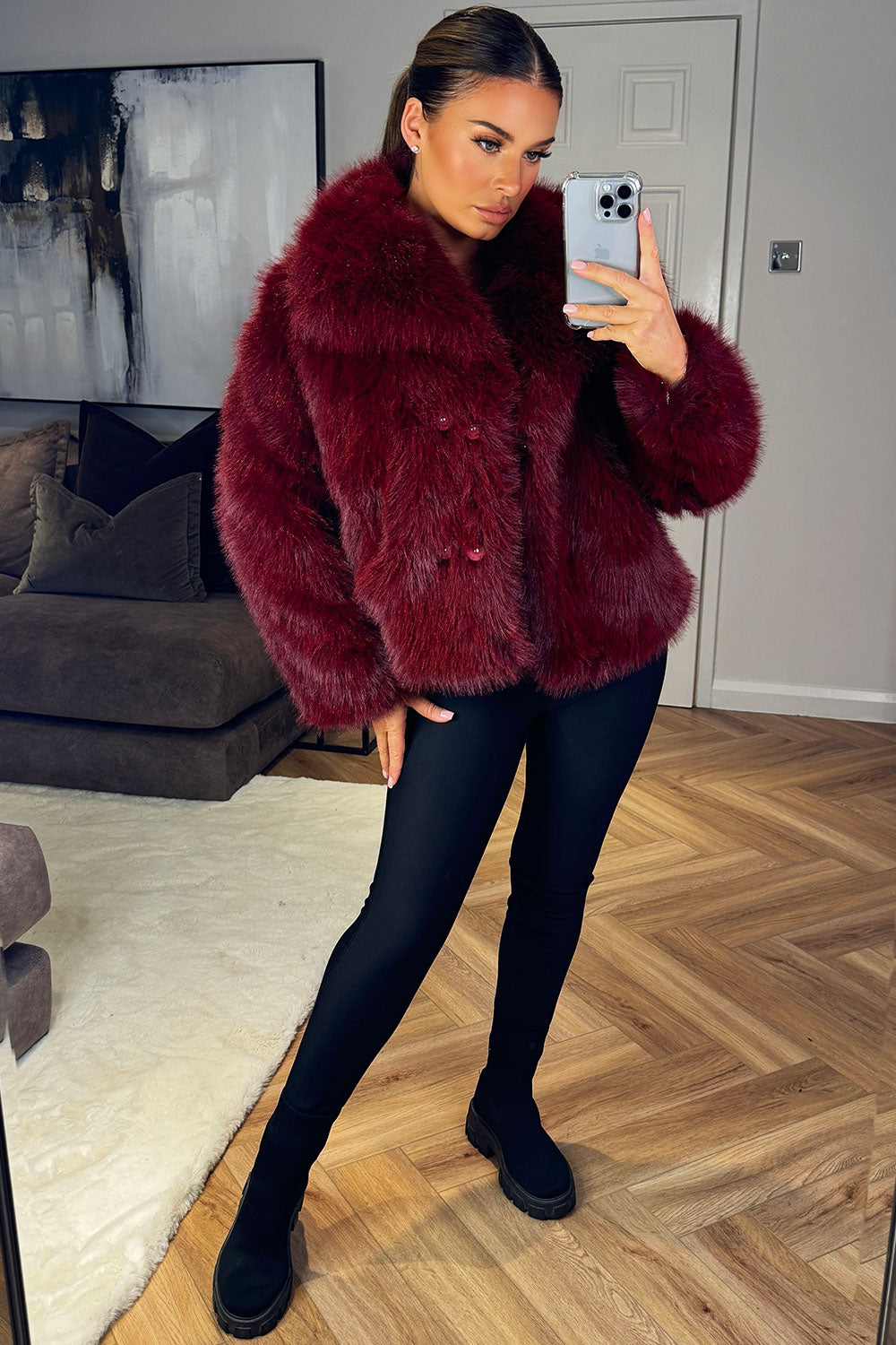 Faux Fur Short Plush Jacket Burgundy