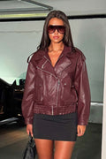 Burgundy Faux Leather Bomber Jacket With Double Collar