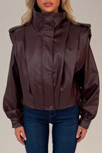 Burgundy Faux Leather Funnel Neck Bomber Jacket
