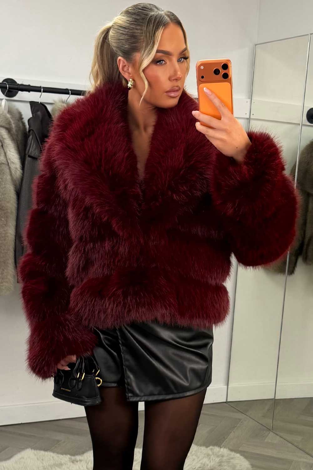 Faux Fur Coat With Collar Burgundy