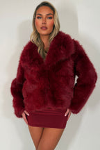 Faux Fur Jacket Collared Burgundy