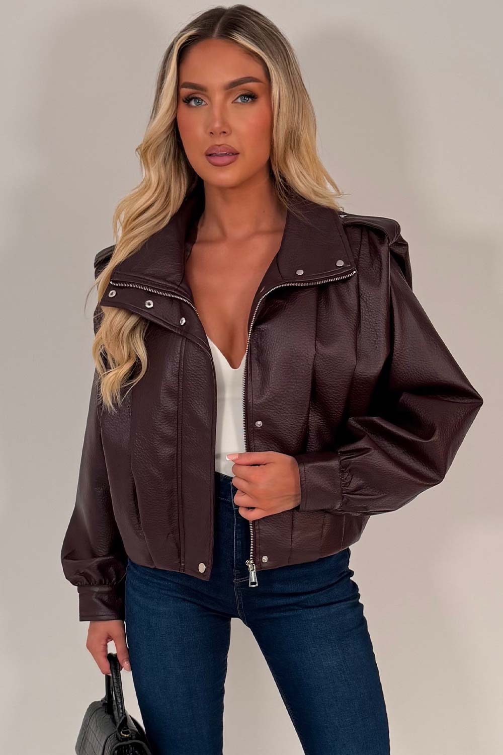 Burgundy Faux Leather Funnel Neck Bomber Jacket