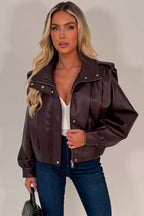 Burgundy Faux Leather Funnel Neck Bomber Jacket