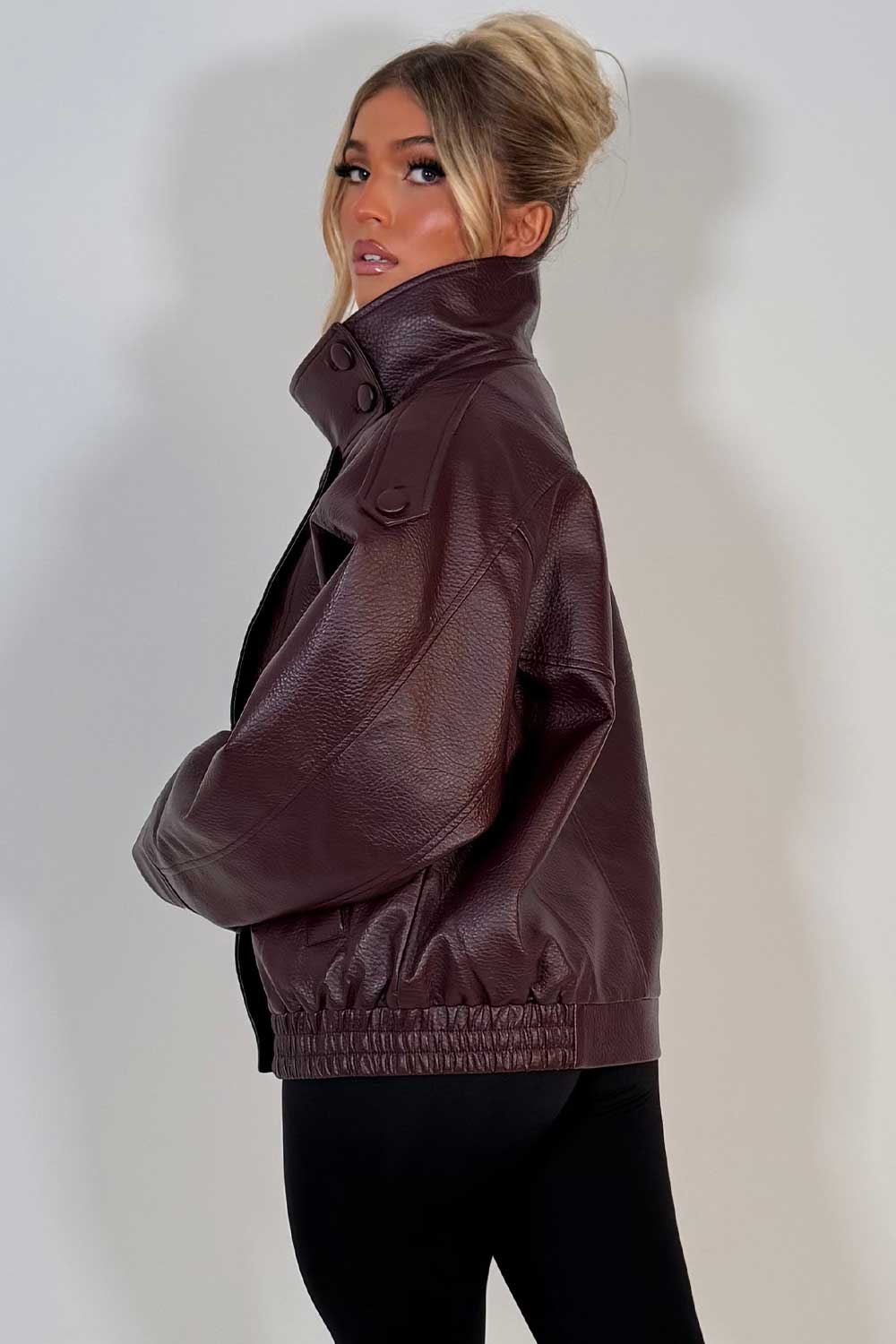 Faux Leather Funnel Neck Jacket Burgundy
