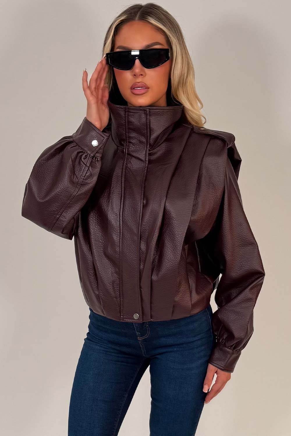 Burgundy Faux Leather Funnel Neck Bomber Jacket