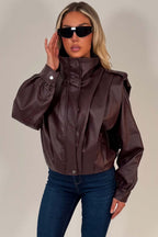 Burgundy Faux Leather Funnel Neck Bomber Jacket