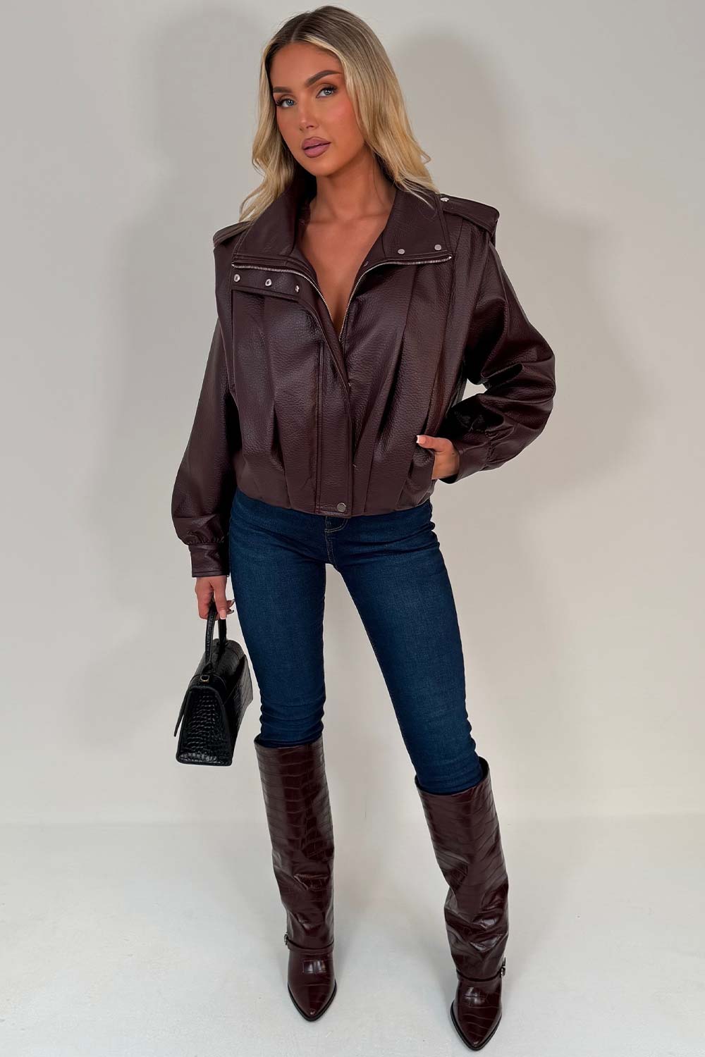 Burgundy Faux Leather Funnel Neck Bomber Jacket