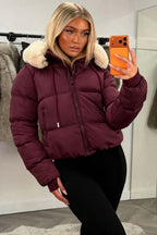 Puffer Jacket With Fur Hood Burgundy