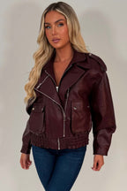 Burgundy Faux Leather Bomber Jacket With Double Collar