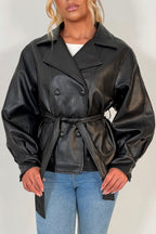 Leather Effect Jacket With Lapel Collar And Belt Black