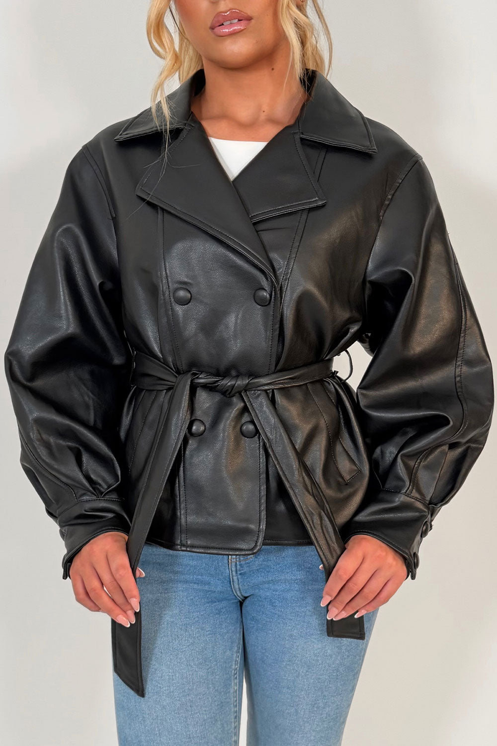 Leather Effect Jacket With Lapel Collar And Belt Black