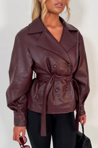 Leather Effect Jacket With Lapel Collar And Belt Burgundy