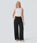 Women Summer High Waisted Drawstring Pocket Wide Leg Casual Linen-Feel Pants