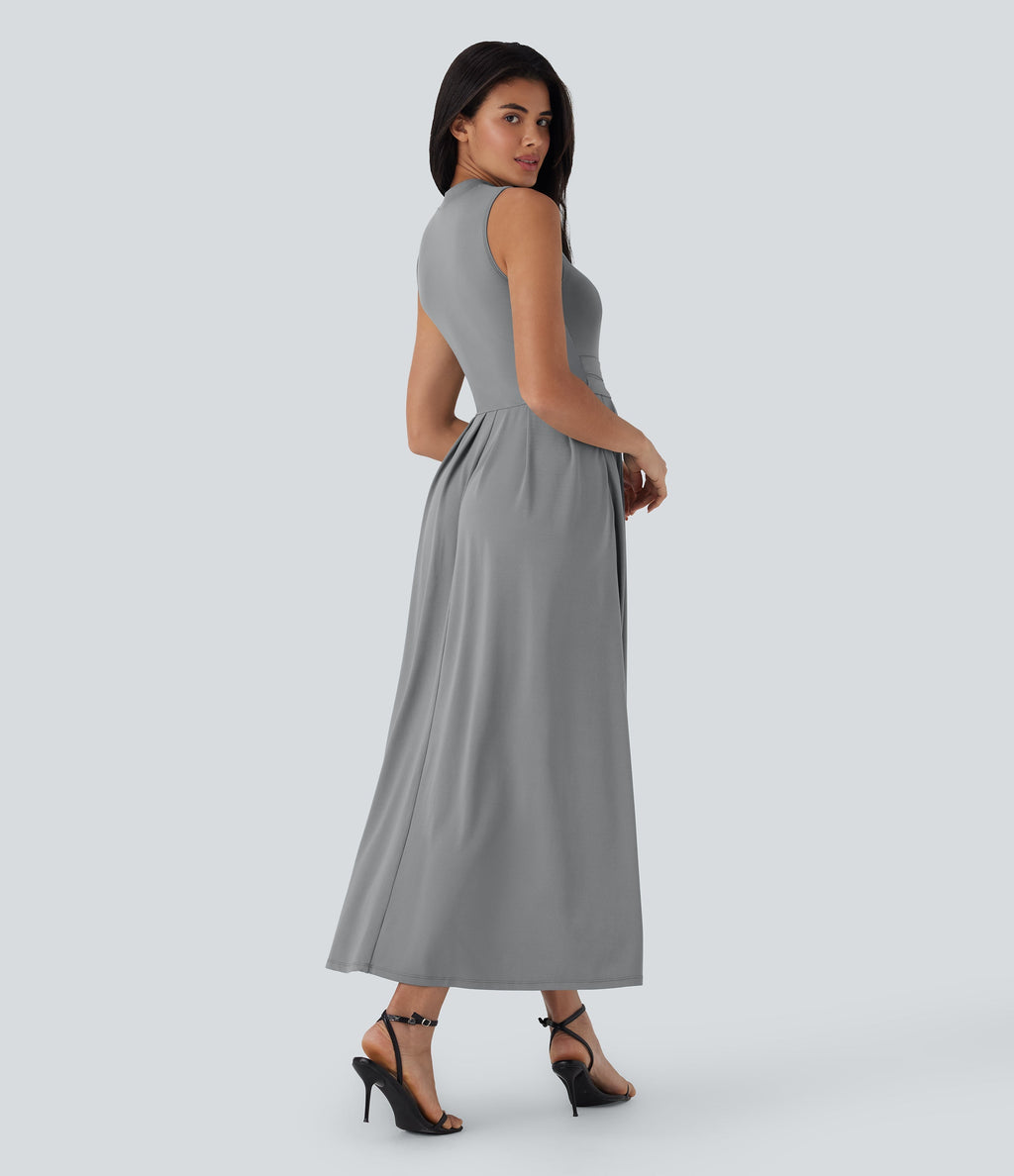Stand Collar Sleeveless Flare Maxi Casual Dress with Pockets