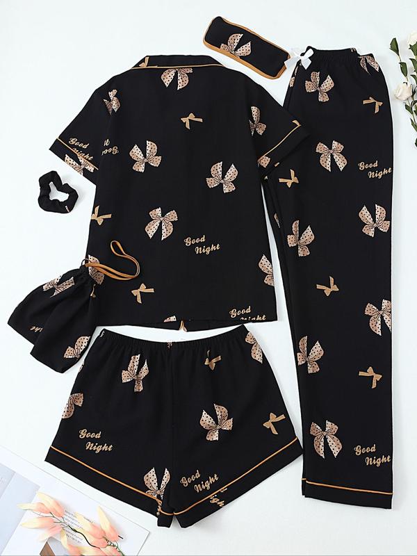 Women's All Over Print Top & Shorts & Pants & Accessories Pyjama Set, Casual Comfy Pj Set, Ladies Sleepwear for All Seasons
