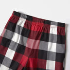 "2025 FNMILY Christmas " White and Red Text Printed Pattern - Black Top with Red&Black&White Plaid Sleeves - Family Matching Pajamas