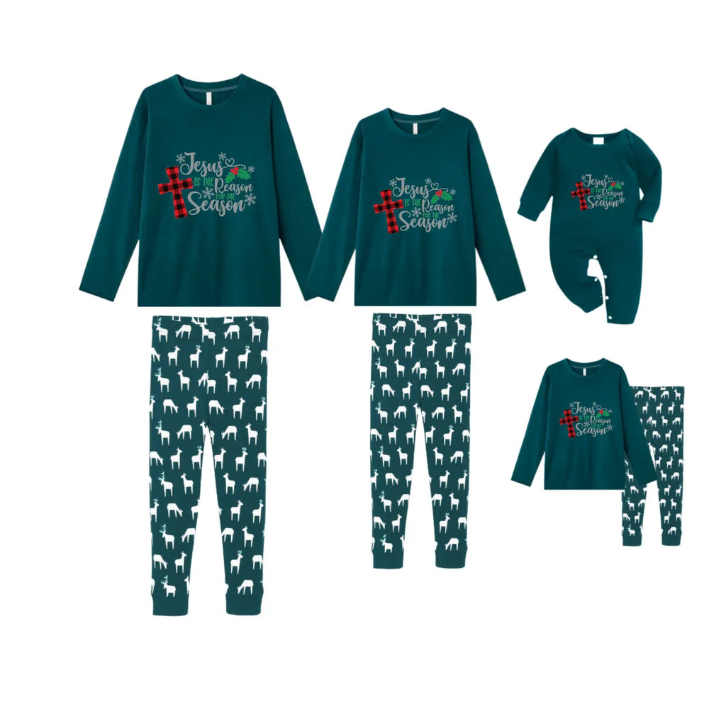 Christmas Family Matching Pajamas-Dark Green&Deer Patterned Pjs Set with "Jesus Is The Season For The Season" Print
