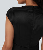 Round Neck Ruched Midi Satin Work Dress with Pockets