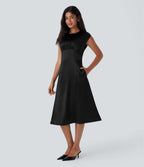 Round Neck Ruched Midi Satin Work Dress with Pockets