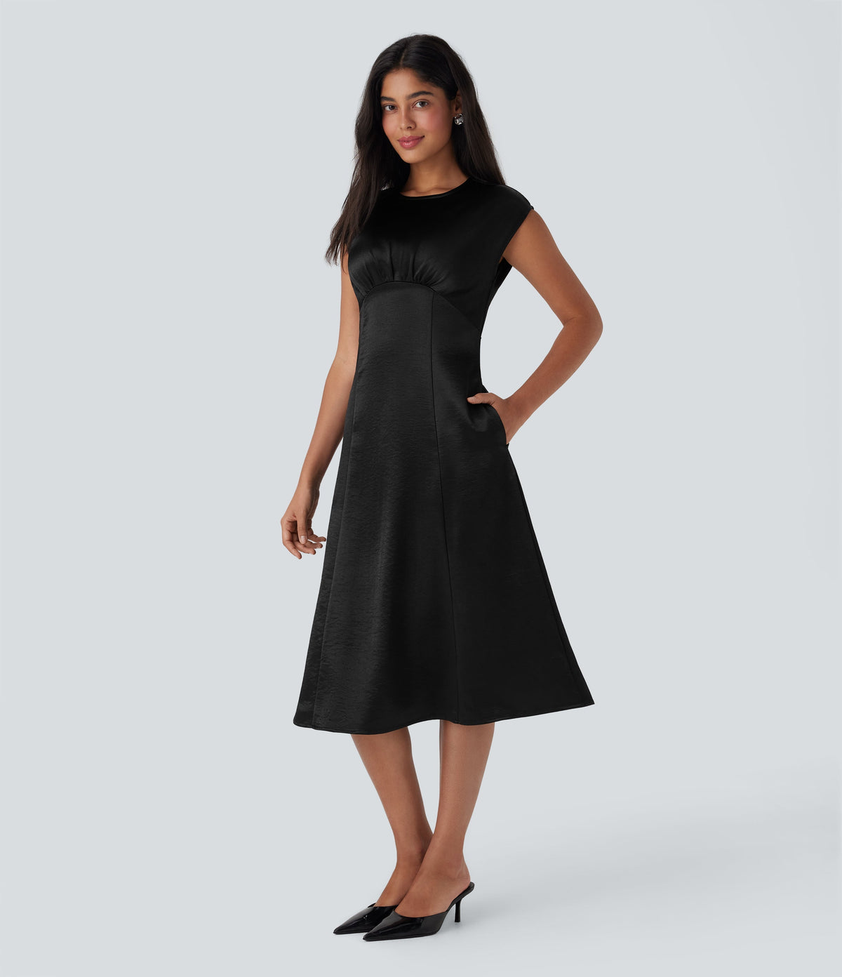 Round Neck Ruched Midi Satin Work Dress with Pockets
