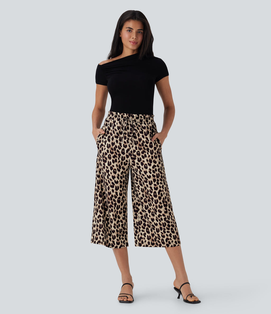 High Waisted Drawstring Leopard Print Wide Leg Capri Casual Pants with Pockets
